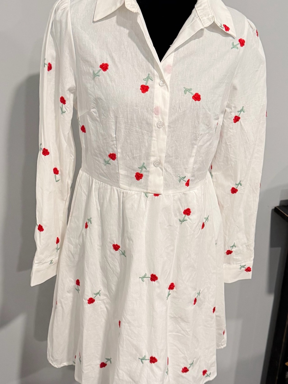 Allegra K White Long-Sleeve Shirt Dress with Red Floral Embroidery